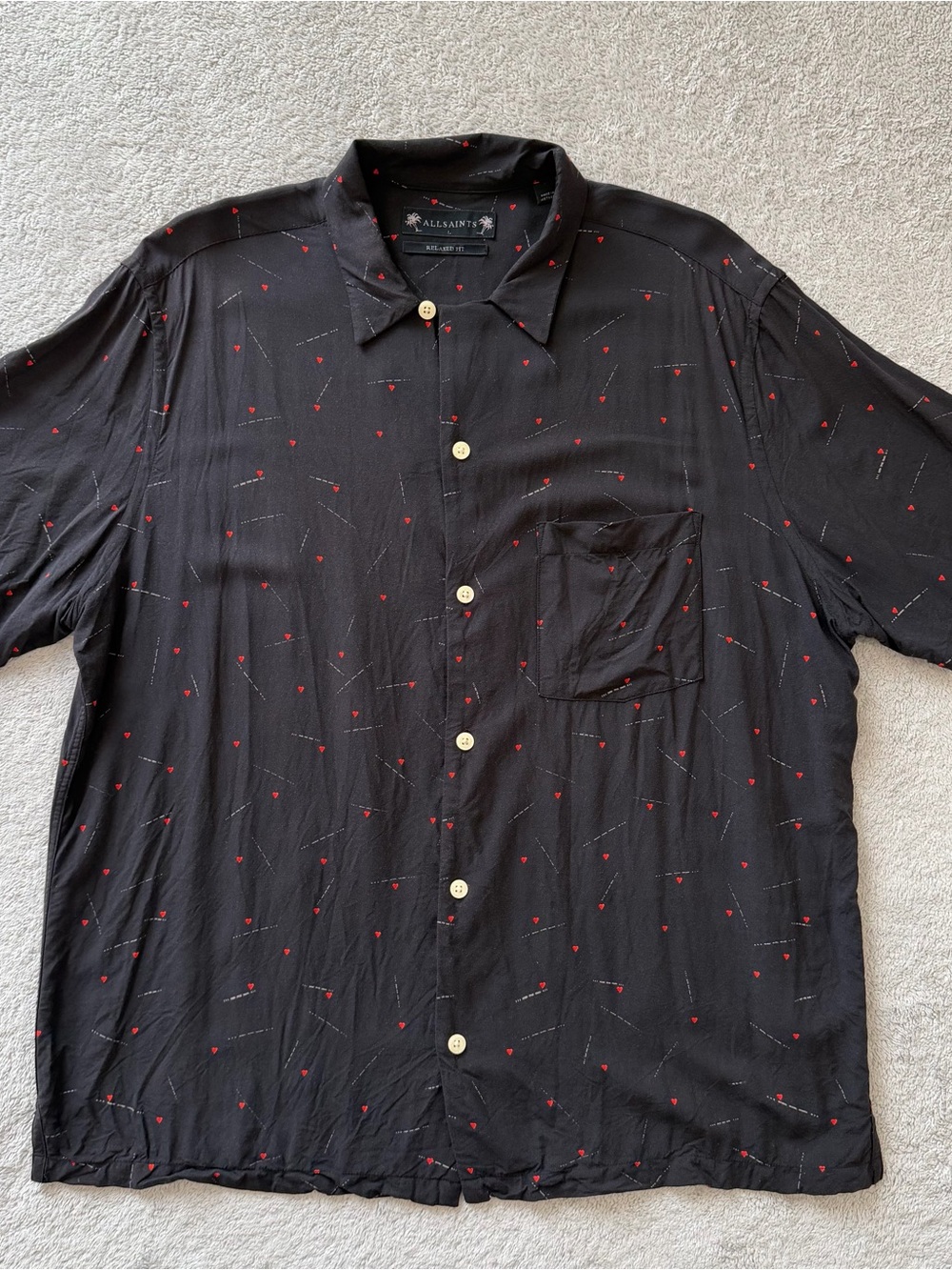 AllSaints Morse Shirt Mens Large Black Relaxed Fit SS Heart Print Casual Camp